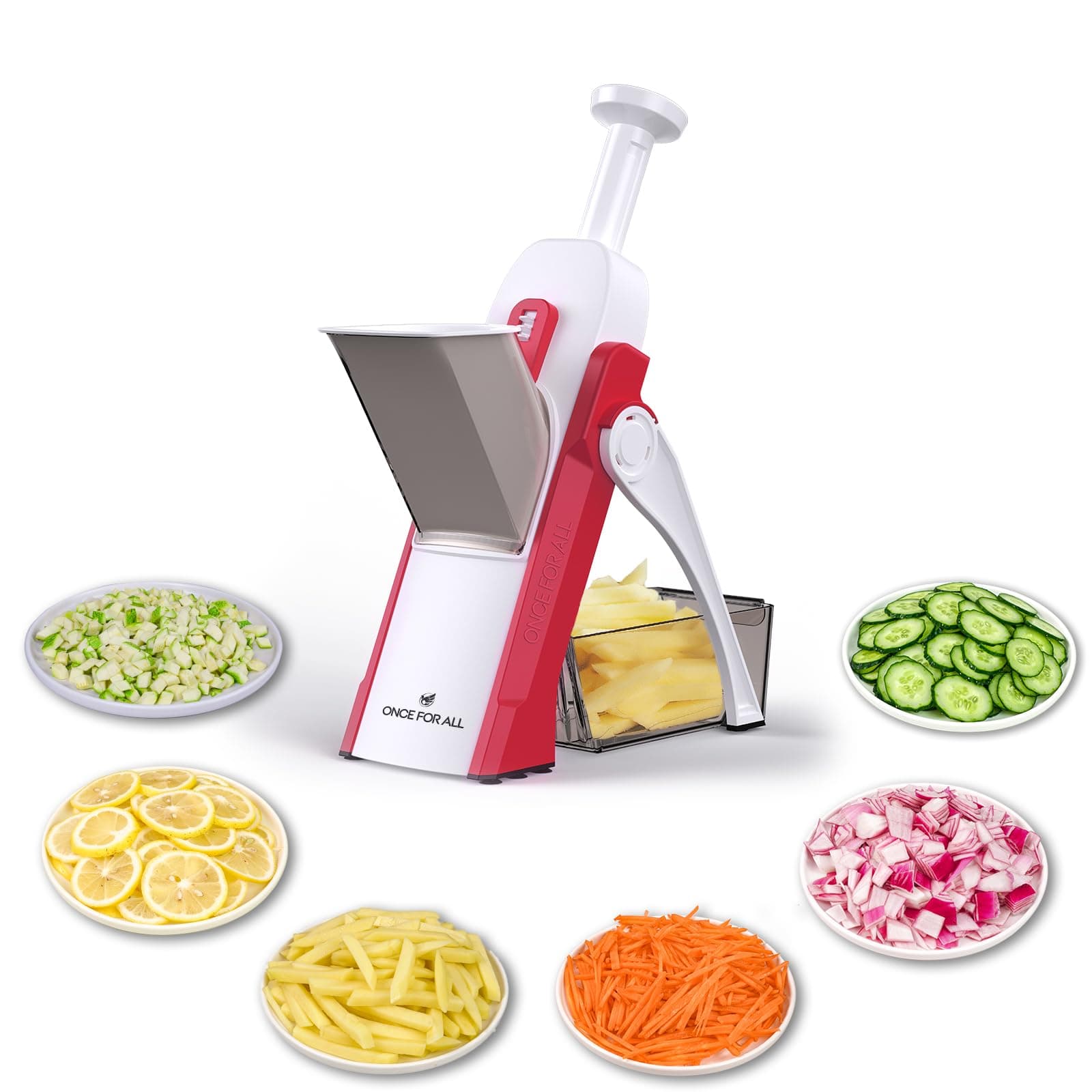 Safe Mandoline Slicer 5 in 1 Vegetable Cutter, Strips Julienne Dicer Adjustable Thickness 0.1-8 mm for Kitench Fast Meal Prep (Red)
