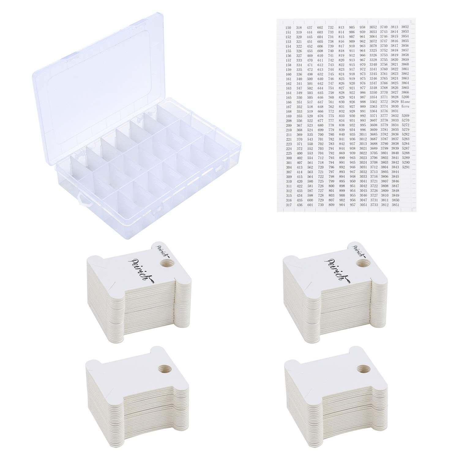 Embroidery Floss Organizer Box - 24 Compartments with 100 Hard Floss Bobbins and 459 Color Number Stickers
