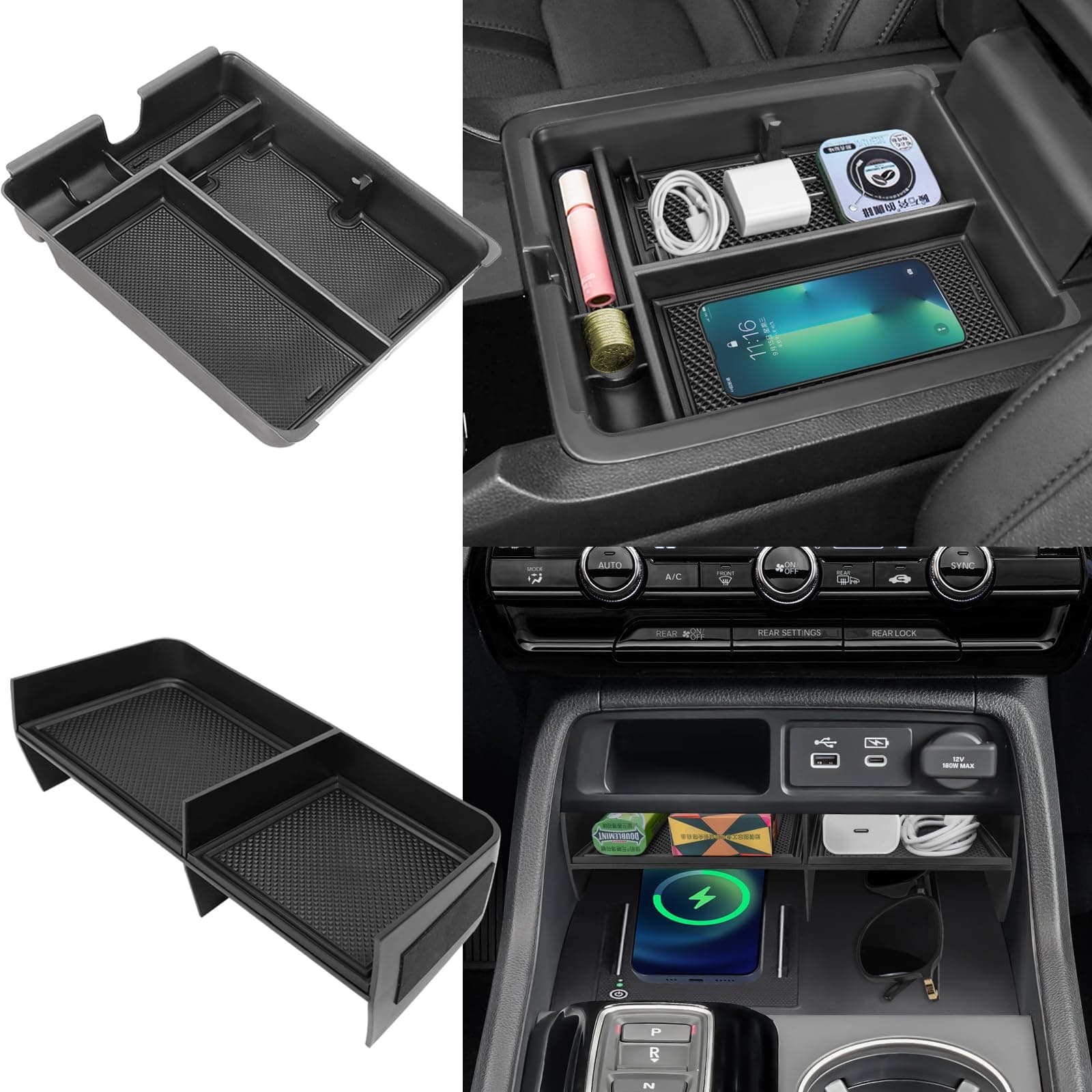 Neepiar 2PCS Center Console Organizer Compatible with 2023 2024 2025 2026 Honda Pilot/ 2026 Honda Passport Armrest Tray Insert Divider Slot Box Secondary ABS Plastic Material Interior Accessories