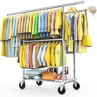 100% Stainless Steel Heavy Duty Clothes Rack Load 960LBS, Three Rods Clothing Racks for Hanging Clothes Extendable，Rolling Garment Rack With Sturdy Wheels Shelves Hooks, Portable Closet Wardrobe Rack