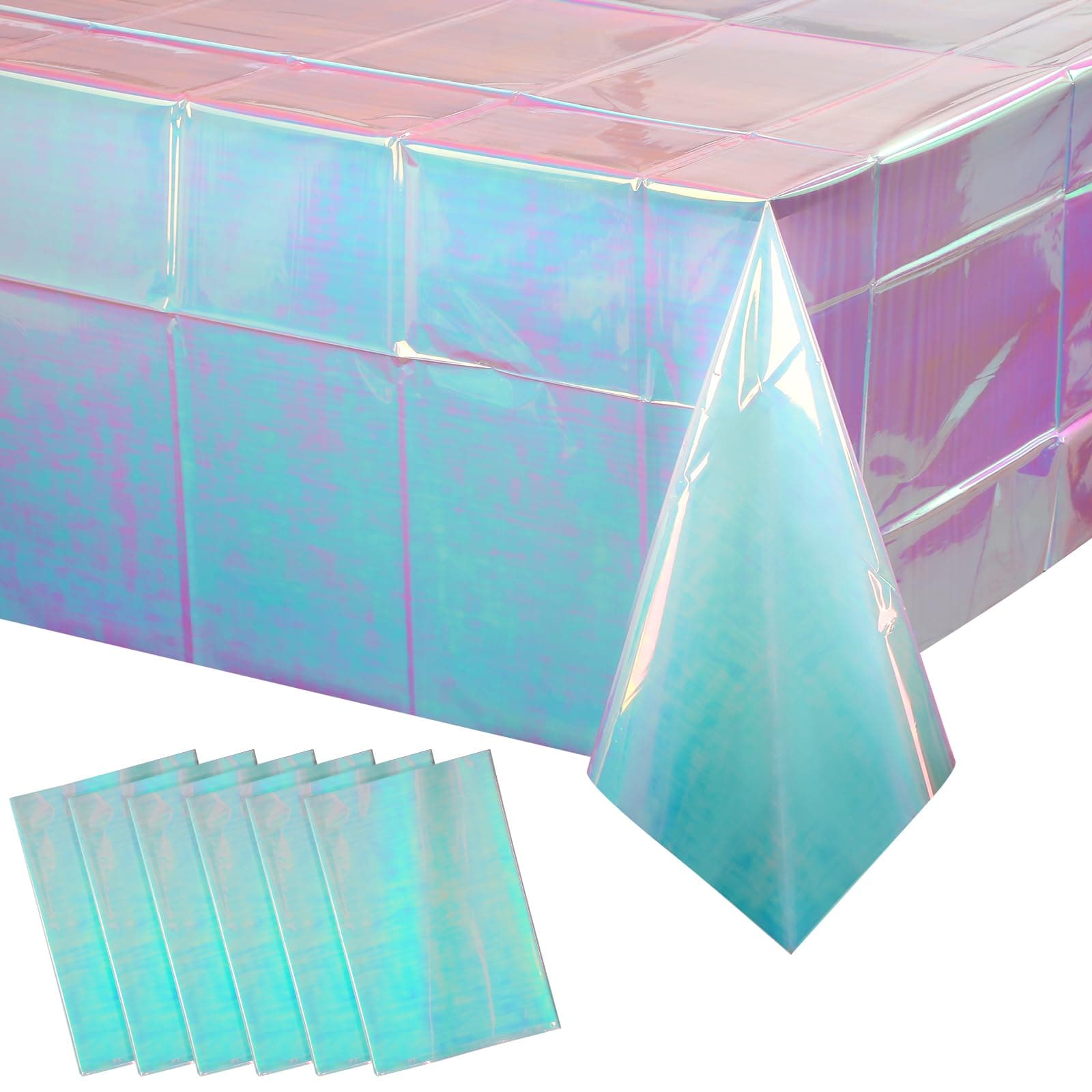 FunnyPars6 Pack Iridescent Blue Plastic Tablecloth, Shiny Blue Disposable Laser Rectangle Table Covers, Blue Holographic Foil Tablecloth Party Decorations for Birthday Bridal Wedding Christmas, 40 x 108 Inch