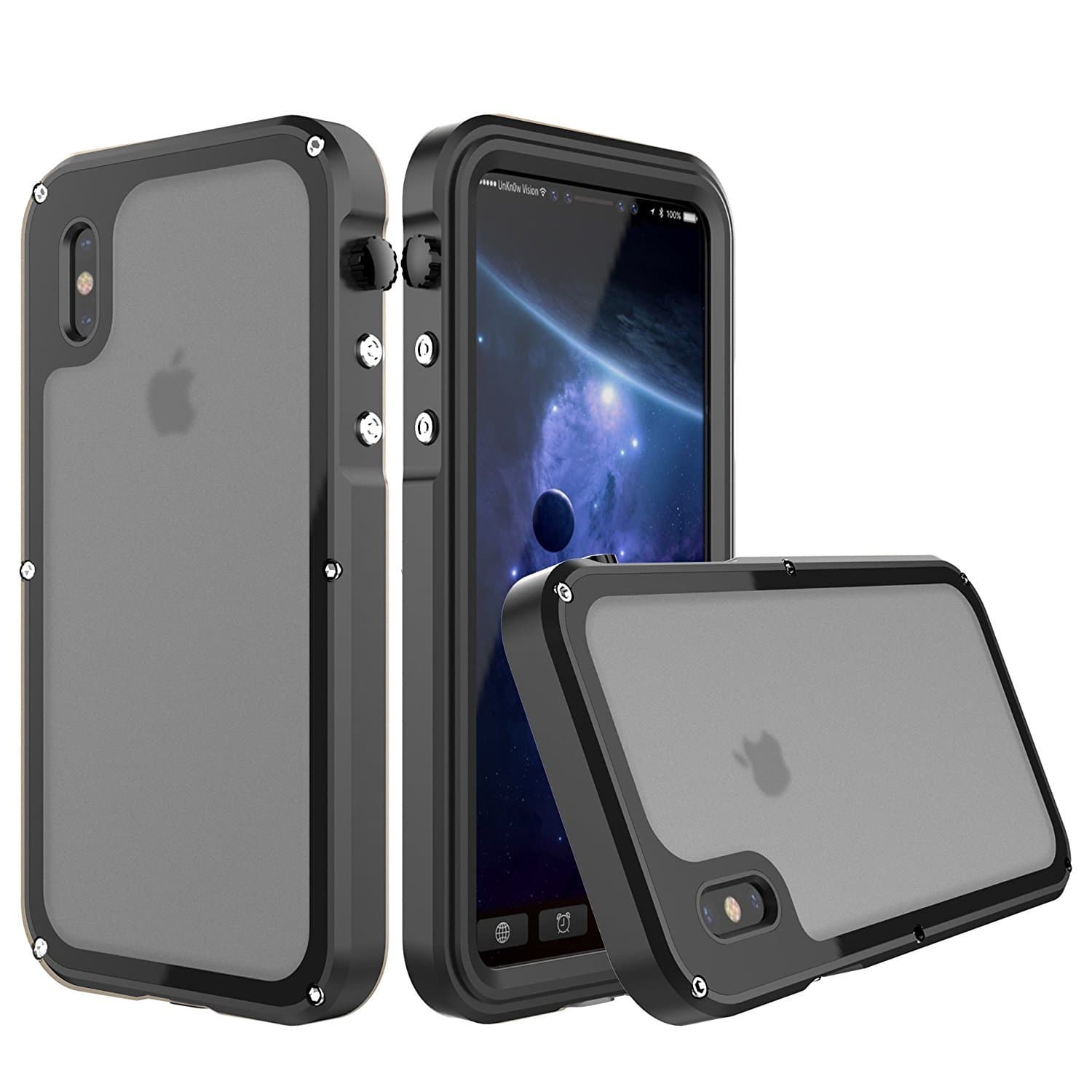 iPhone X Waterproof Case, SHEROX Aluminum Alloy Wireless Charging Supported Full Body Protective Waterproof Snowproof Dustproof Shockproof Case for Apple iPhone X, Black