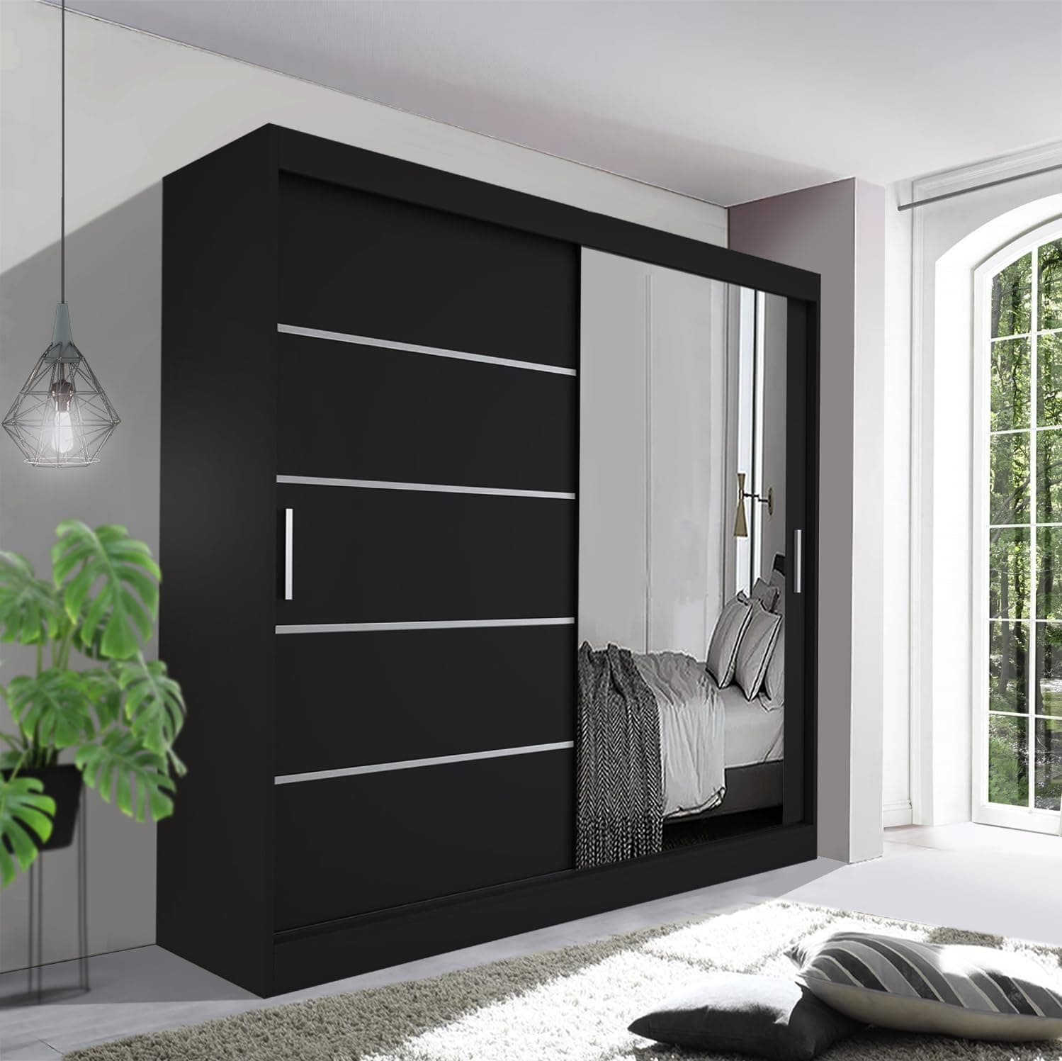 Spacious Bedroom Sliding Wardrobe - Sleek and Functional Design comes in White/Grey/Black/Oak and Width 120cm/150cm/180cm/203cm/250cm (Black, 203cm)