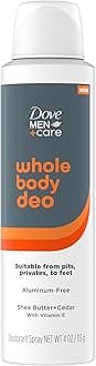 - Dove Men+Care Whole Body Deo Aluminum-Free Deodorant Spray Shea Butter + Cedar Suitable from Pits, Privates, to Feet with Vitamin E 4 oz