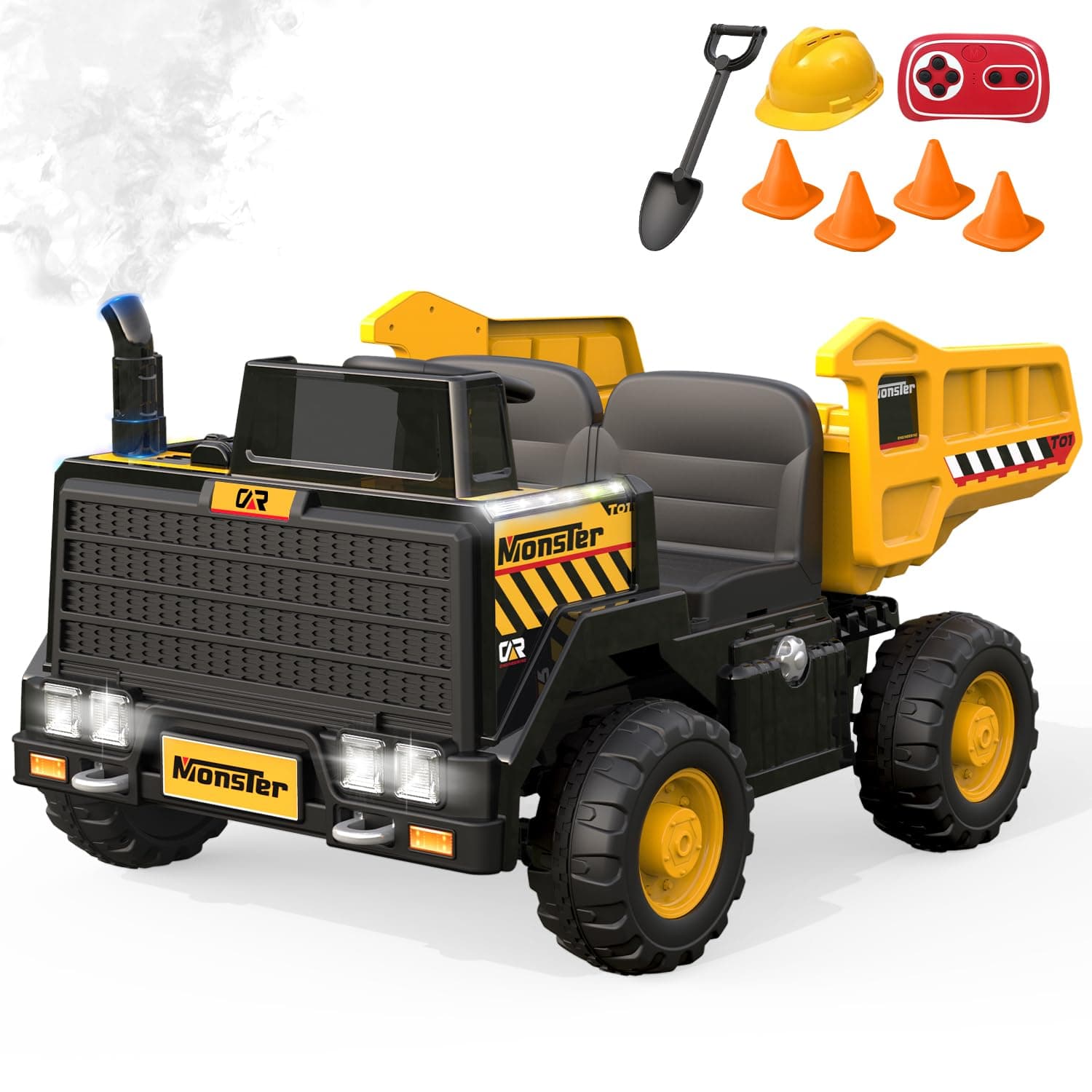 2 Seater Ride on Dump Truck, Forever Source 24V 7AH Kids Power Wheels with Remote Control, Ride on Construction Car with Dump Bed, 1 Shovel, 4 Toy Traffic Cone, Light, 3 Speeds, Music, Yellow