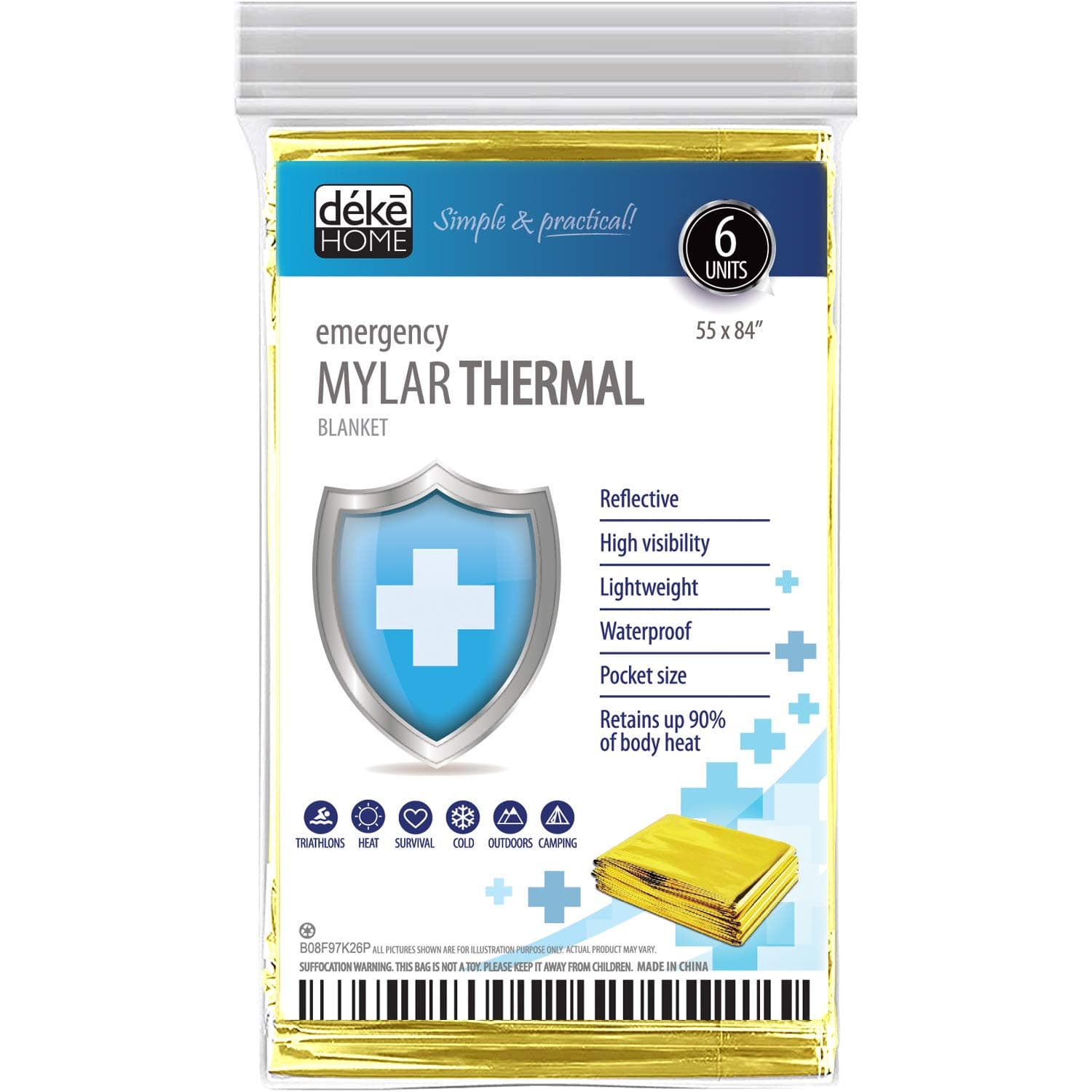 Deke Home 6 Pack Emergency Mylar Thermal Blankets. Space Blanket Survival Rescue Insulating Reflective foil kit Camping Blanket Outdoors Hiking Survival Bug Out Bag car Marathons First aid Cold/Heat