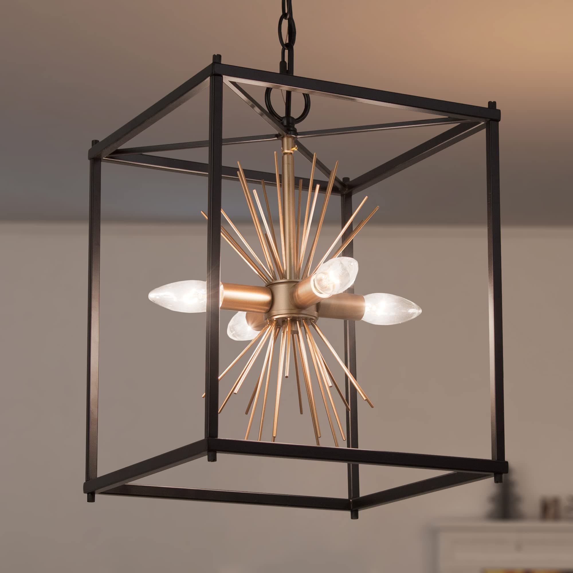 Durent Lighting Modern Black Gold Chandelier, 4-Light Square Pendant Light Fixture with Starburst Design, Height Adjustable Sputnik Chandelier for Dining Room, Kitchen Island, Bedroom, Entryway, 12"D