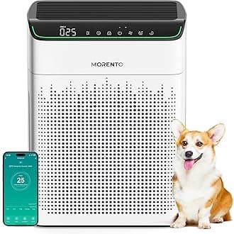 MORENTO Air Purifiers for Home Large Room Up to 1690 ft² with PM 2.5 Air Quality Monitor, Wi-Fi and Alexa compatible, HEPA Auto Mode Double-sided Air Inlet for Smoke and Odor, 23db, MR5866, White