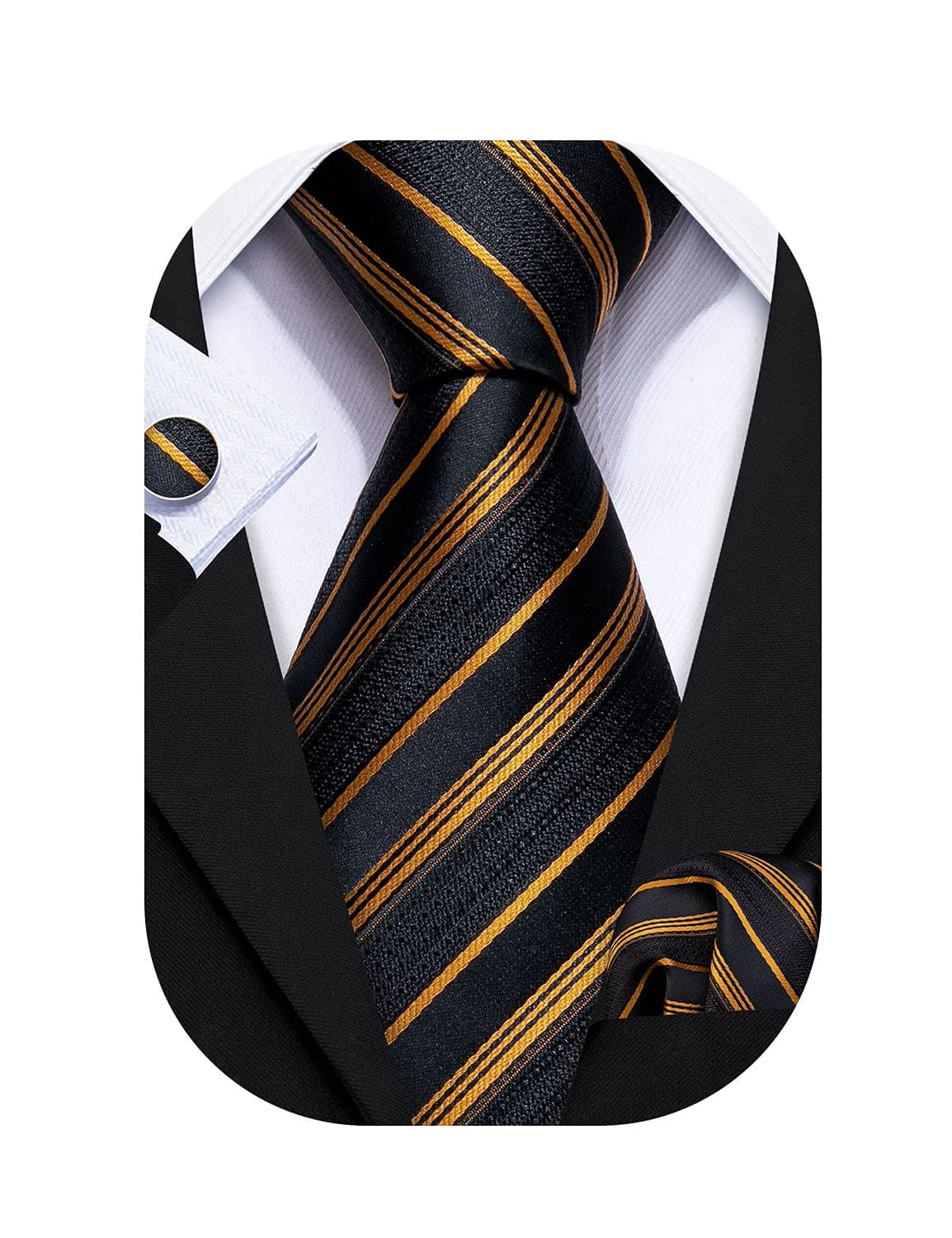Barry.Wang Tie Sets for Men Silk Stripe Necktie Woven Checkered Handkerchief Cufflinks Formal Business Wedding