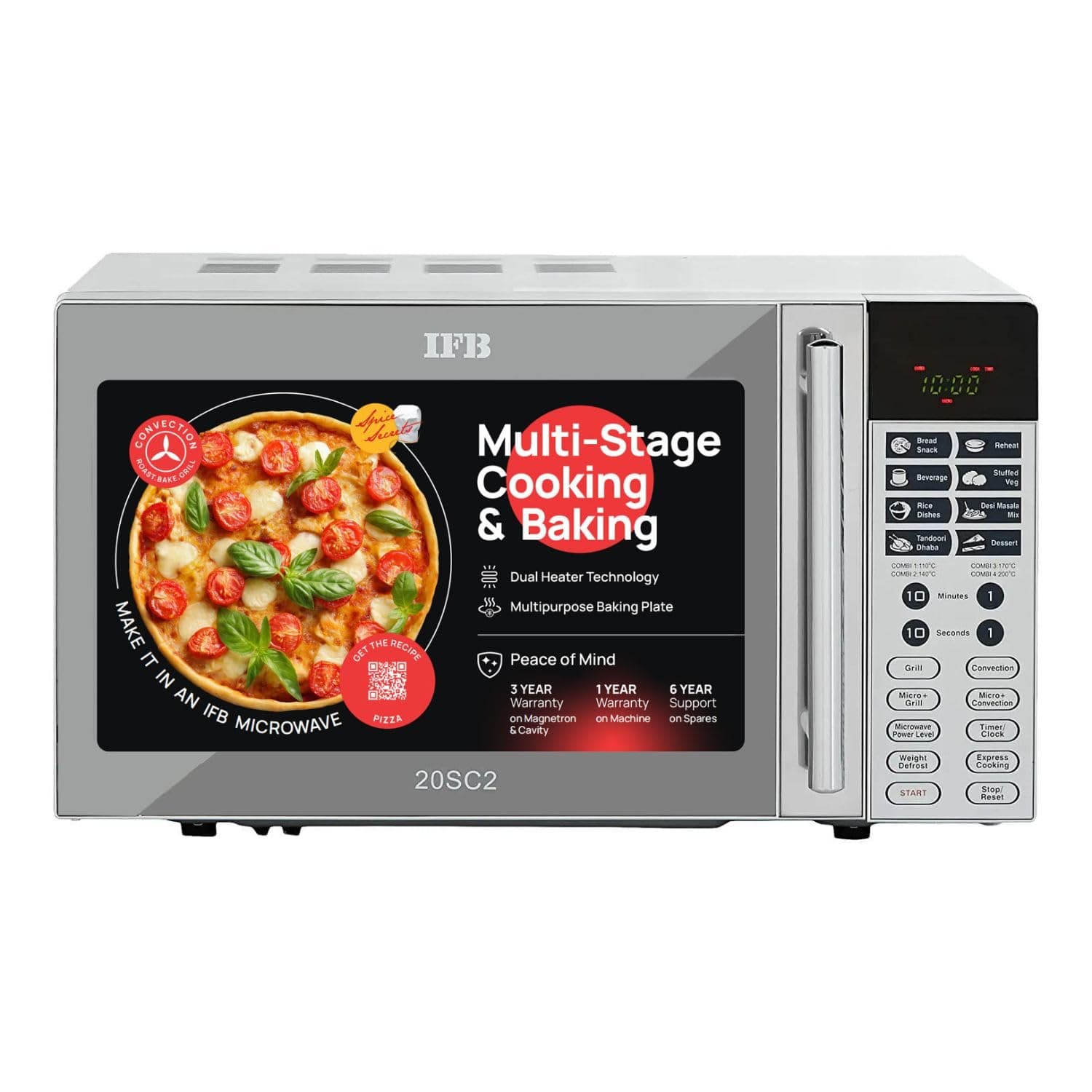 20L Convection Microwave Oven, 24 Standard Cook Menus (20SC2, Metalic Silver, Steam Clean, Weight Defrost, Grill & Multi-Stage Cooking, 10 Power Levels)