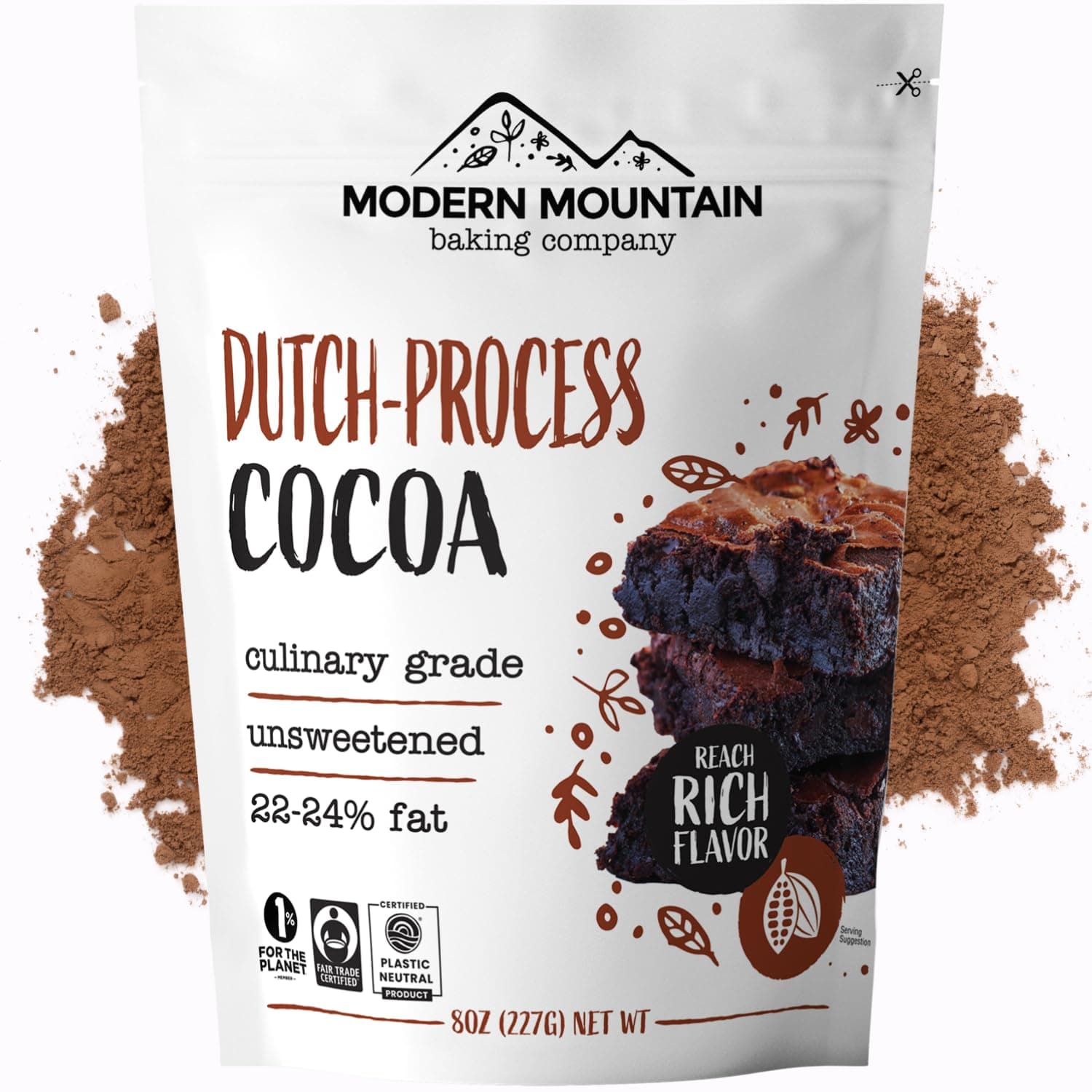 MODERN MOUNTAIN Cocoa Powder (8 Oz) Dutch Processed Cocoa Powder, Sugar Free, Extra Rich Cocoa Flavor, 22-24% Fat, Premium Cooking Grade, Non-GMO, Fair Trade Certified, Cocoa P