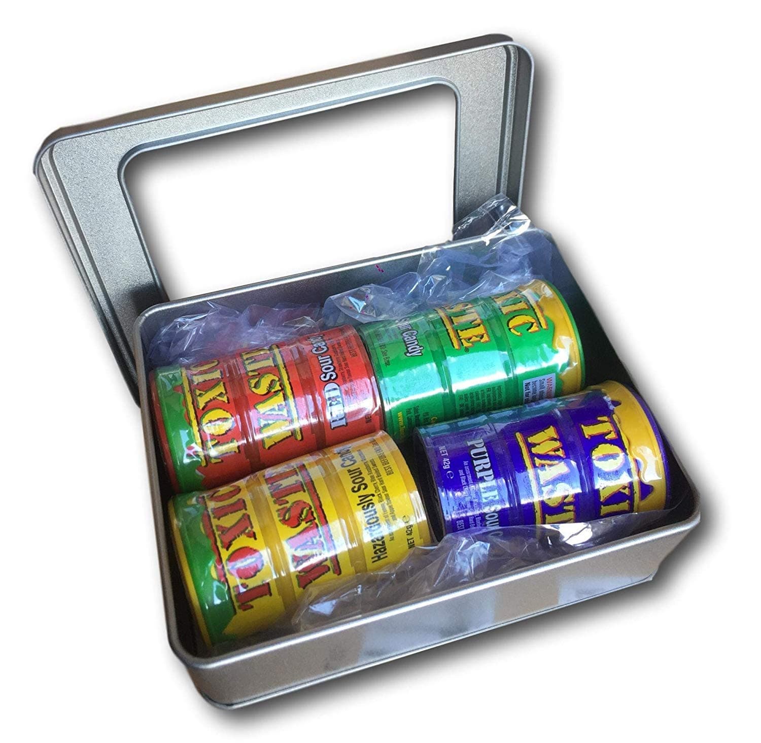 Toxic Waste Sour Sweets Prestent Gift Tin with Bow - Great for Birthdays, Adults, Kids, Sour Sweets Fans Red Blue Yellow Purple