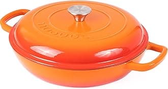 – Shallow Cast Iron Casserole with Lid – Non Stick Dutch Oven Pot, Oven Safe up to 500° F – Sturdy Ovenproof Stockpot Cookware – Enamelled Cooking Pot – Orange, 3.7-Quart, 30cm – by Nuovva
