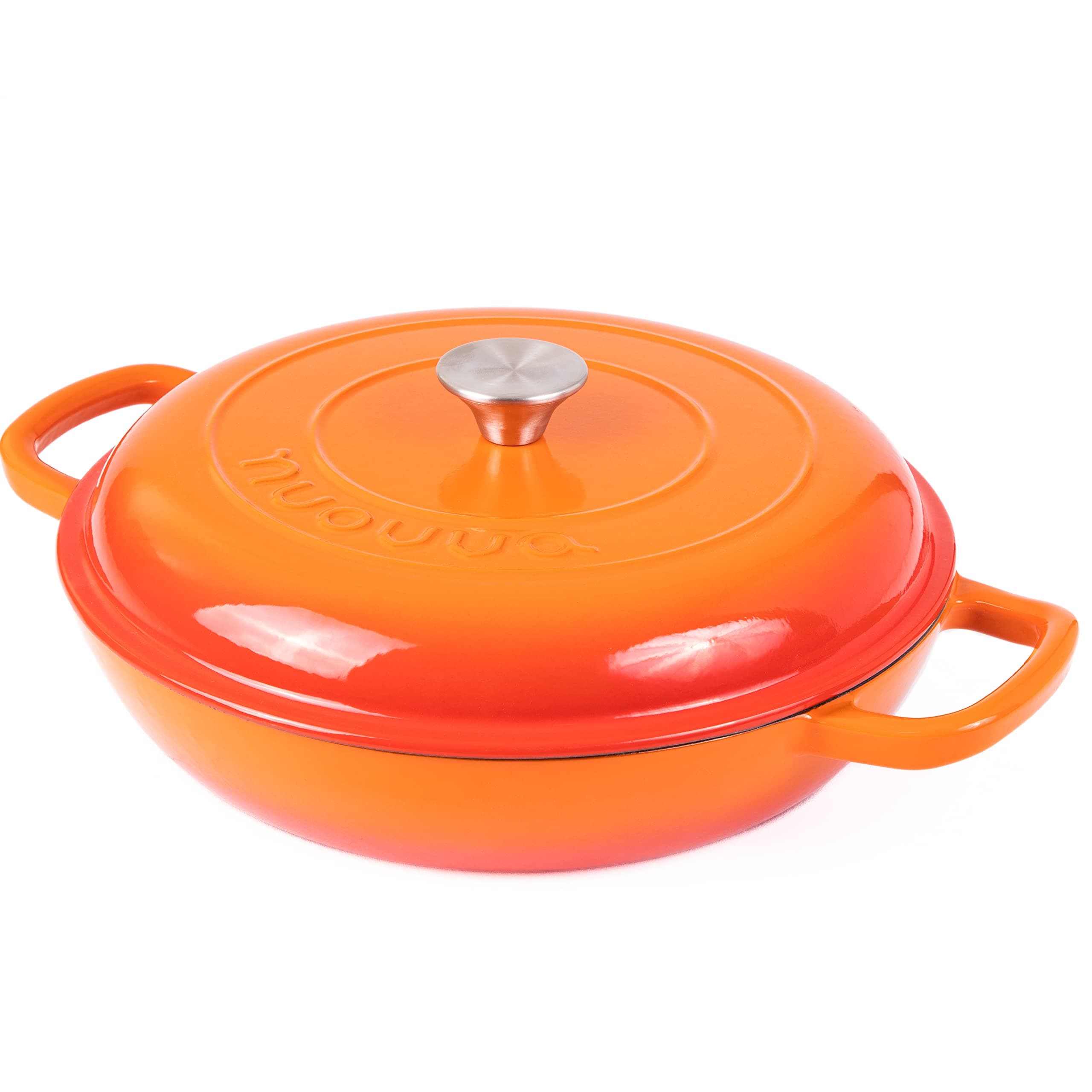 Shallow Cast Iron Casserole with Lid – Non Stick Dutch Oven Pot – Sturdy Ovenproof Stockpot Cookware – Enamelled Cooking Pot – Orange, 3L, 30cm –