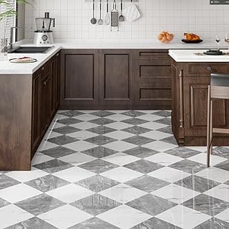 40-Pack Peel and Stick Tile Vinyl Floor Glossy 12” x 12”, Self Adhesive Waterproof Flooring Planks for Kitchen, Dining Room, Bedrooms, Cover 40 Sq. Ft, Dark Grey&White Marble (20 per Color)