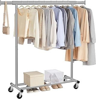 SONGMICS Clothes Rack on Wheels, Heavy Duty Clothes Rail, 45 x (92-132) x 161.5 cm, with Extendable Hanging Rail, 100 kg Load Capacity, Easy Assembly, Portable, Dove Grey HSR013G01