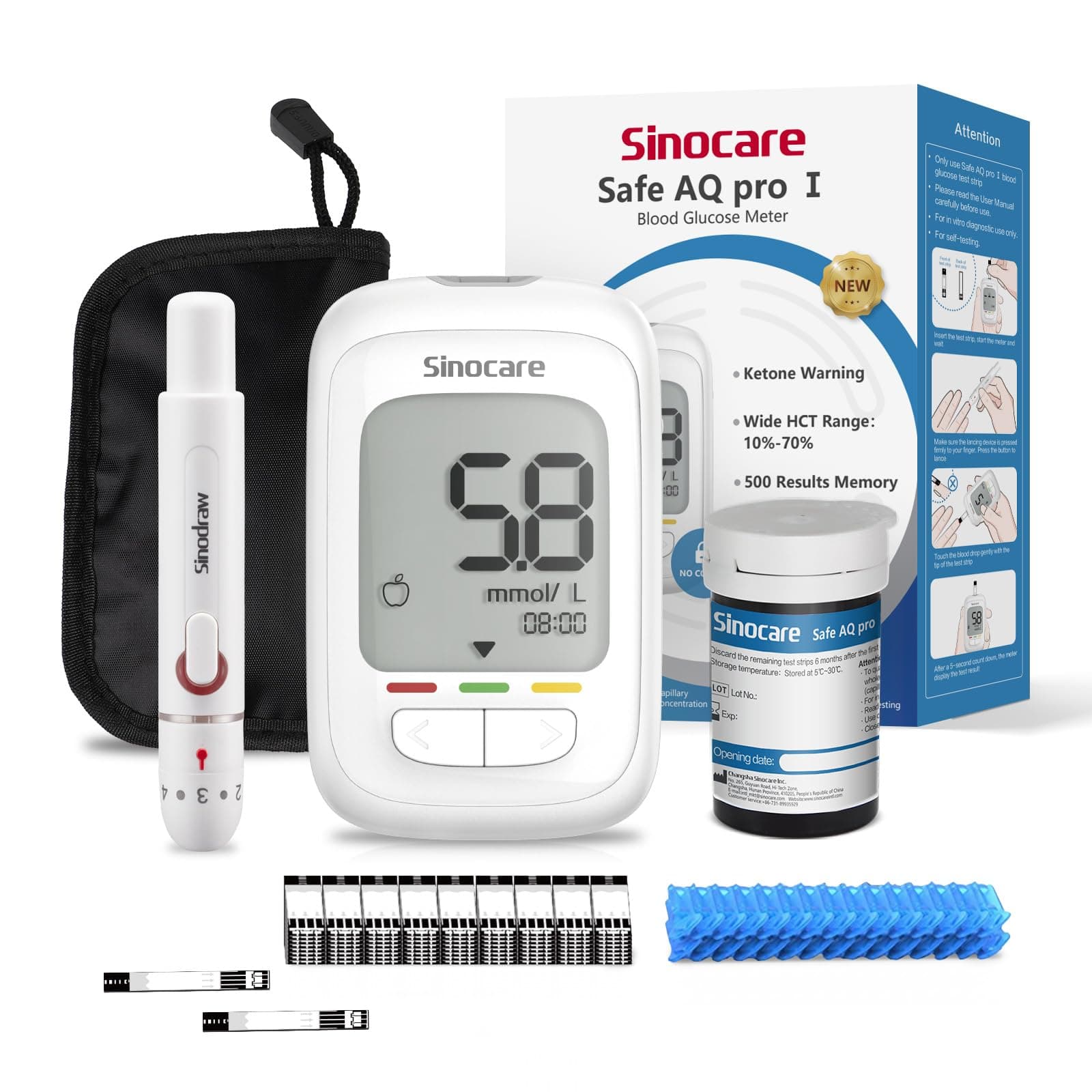 sinocare Safe AQ pro I Blood Sugar Monitor, Diabetes Testing Kit with 25pcs Strips & 25pcs Lans., Ketone Test Remind Function, 500 Test Results Storage Blood Glucose Monitor, No Coding, mmol/L