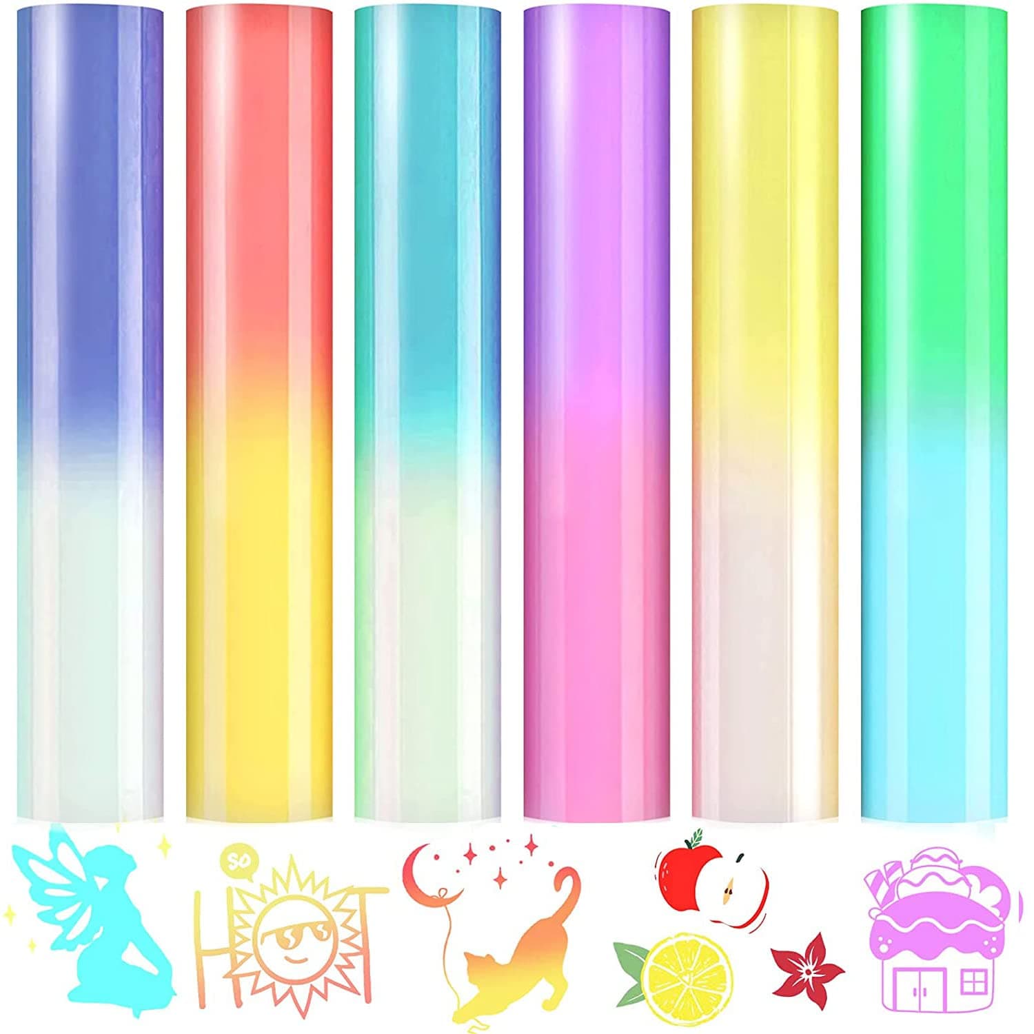 Heflashor Color Chaning HTV Heat Transfer Vinyl Bundle, 6 Sheets 12 x 10 Inch Pastel Light Sensitive Iron On Vinyl for DIY T Shirts, Assorted Color Rainbow Heat Press Vinyl Sheets for Fabric, T-Shirts