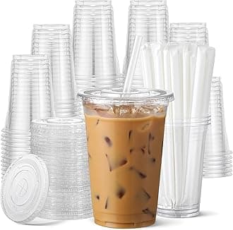 AOZITA 100 Pack 16 oz Clear Plastic Cups with Lids and Straws, Food Safe Disposable Iced Coffee Cups for Cold Beverages, Smoothies, Iced Coffee, Leak-Proof, BPA-Free
