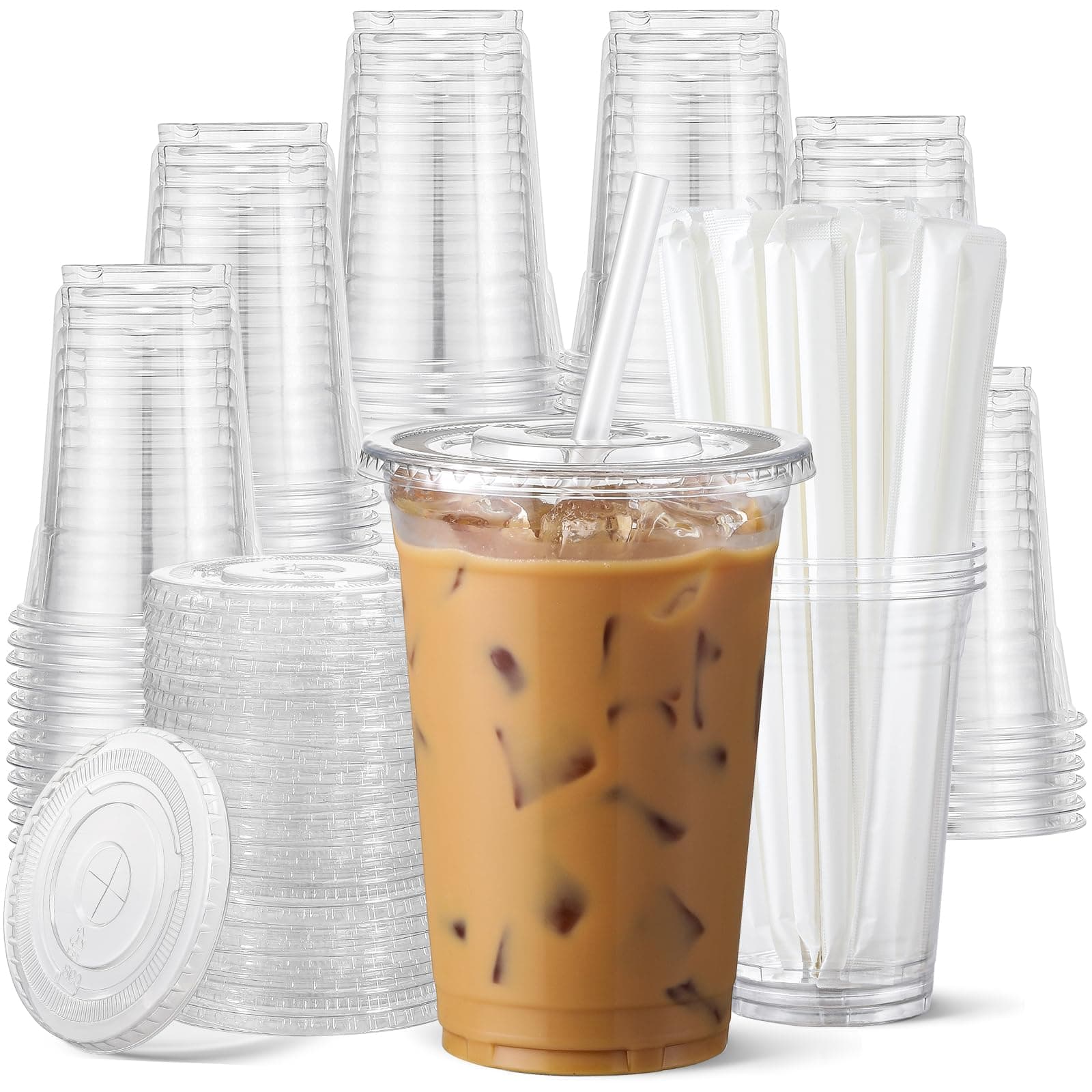 AOZITA 100 Pack - 16 oz Clear Plastic Cups with Lids and Straws, Food Safe Disposable Iced Coffee Cups for Cold Beverages, Smoothies, Iced Coffee, Leak-Proof, BPA-Free