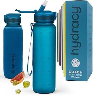 Hydracy Water Bottle with Times to Drink & Straw - Large 1L BPA Free Motivational Water Bottle & No Sweat Sleeve -Leak Proof Gym Bottle with Time Marker - Ideal for Fitness, Sports & Outdoors