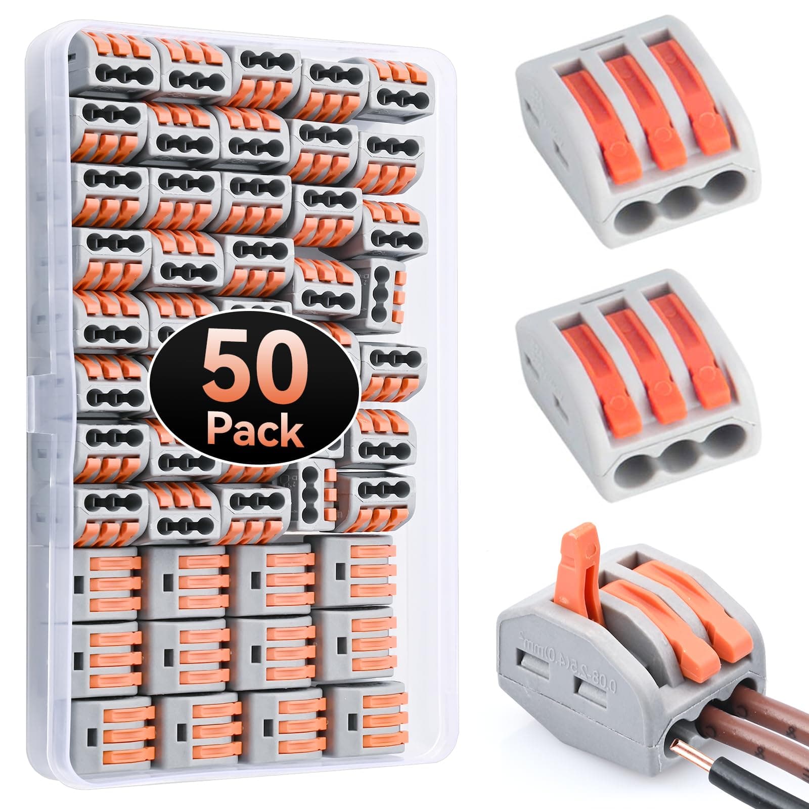 50pcs Wire Connectors, Preciva Electrical ConnectorBlocks, 3-Way Compact Cable Lever Nut Assortment Conductor, Terminal Block Quick Spring Connector with Clamp 3-Port (50PCS)