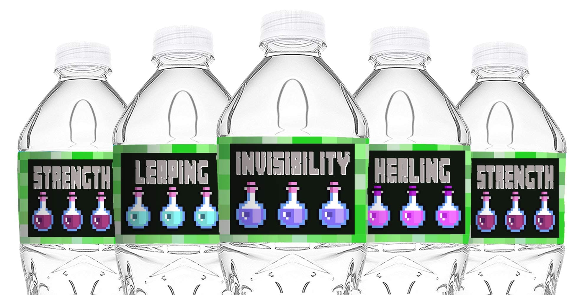 POP parties Ink Pixel Bottle Labels - 40 Count - 2x8 inches - Party Decorations - Miner Party Supplies