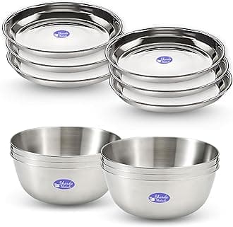 Sharda Metals Stainless Steel 6 Plates and 6 Bowls Dinner Set, for Serving Rice, Poha, Halwa, Dessert, Snacks, Lunch, Breakfast, and Side Dishes, Plates Measuring 5 Inches Each and Bowls with 200 ml