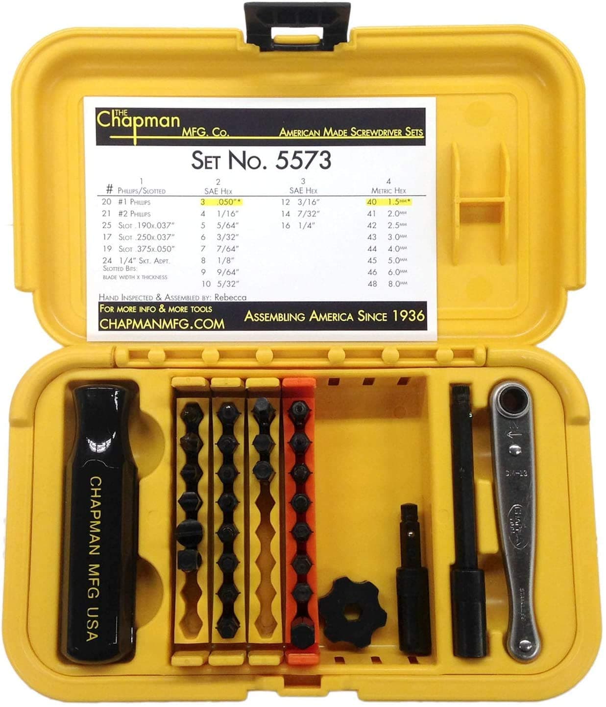 Chapman MFG 5573 Deluxe Standard Screwdriver Set - 30 Pieces - Includes Phillips, Slotted, SAE & Metric MM Hex Bits, Complete Set Offers 24 USA Made Insert Bits, Mini Ratchet Hand Tool + Open Slots