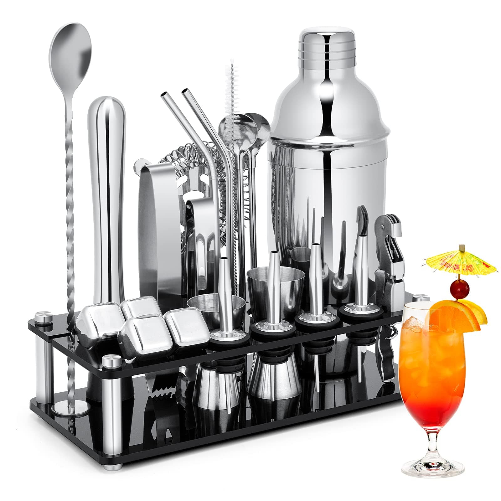 Cocktail Shaker Set, 23 PCS Stainless Steel Bartender Kit with Acrylic Stand & Cocktail Recipes Booklet, Professional Bar Tools for Drink Mixing, Home, Bar, Party (Sliver, 25oz)