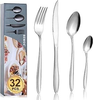 Cutlery Set, BEWOS 32 Pcs Stainless Steel Flatware Set, Tableware with Patterned Handle, Silverware Set with Spoon, Serrated Dinner Knife and Fork Set, Service for 8, Dishwasher Safe, Mirror Polished