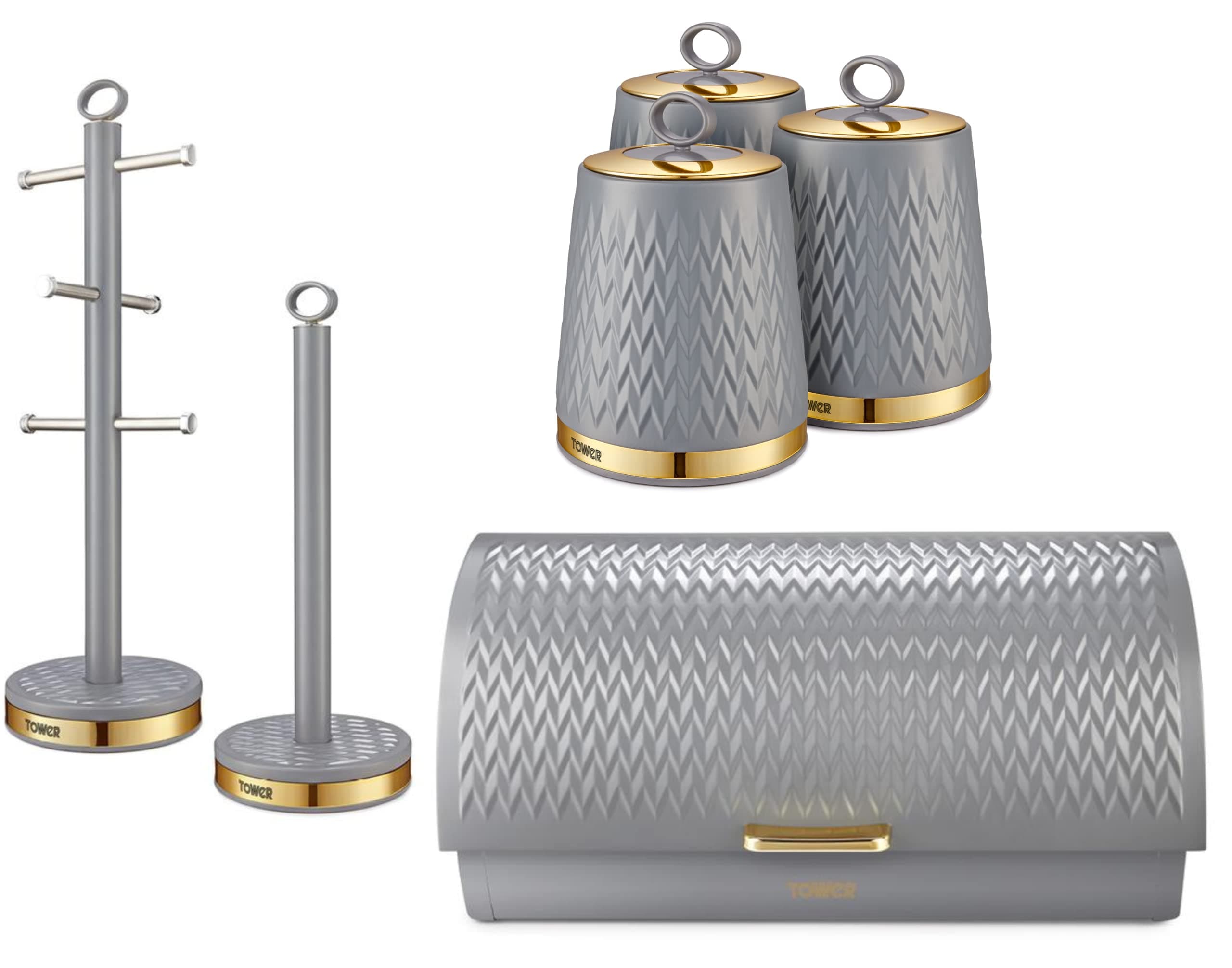 Tower Empire Kitchen Storage Set. Bread Bin, Set of 3 Tea, Coffee, Sugar Canisters, Mug Tree & Towel Pole in Grey with Brass Accents. Contemporary Art Deco Design Set of 6 Kitchen Items