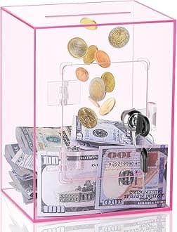 Clear Piggy Bank for Adults Kids, Large Acrylic Piggy Bank Money Saving Box for Cash Saving with Key, Openable Clear Acrylic Savings Jar for Real Money (Pink)