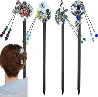 Aswewamt 4 Pcs Japanese Chinese Hair Stick Retro Wooden Hairpin Butterfly Flower Hair Chopsticks Vintage Hanfu Pins Headdress Classic Hair Fork for Long Hair Women