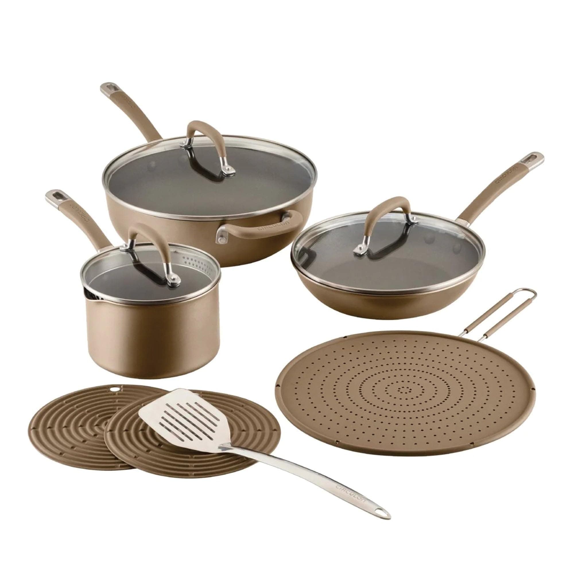 A1 Series with ScratchDefense Technology Nonstick Induction Pots and Pans, Metal Utensil Safe, Includes Splatter Guard, Slotted Turner and Silicone Trivets, 10 Piece Cookware Set - Champagne