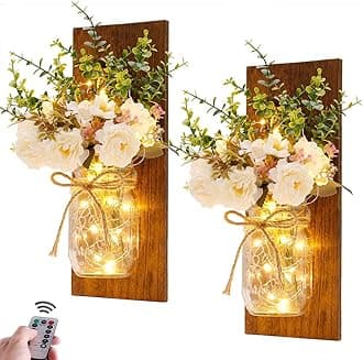 Rustic Wall Sconces Mason Jar Sconces Handmade Wall Art Hanging Design with Remote Control LED Fairy Lights and White Peony, Wall Decor Gift Farmhouse Wall Home Decor Living Room Lights Set of Two