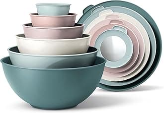 Mixing Bowls with TPR Lids - 12 Piece Plastic Nesting Bowls Set includes 6 Prep Bowls and 6 Lids, Microwave Safe (Teal)