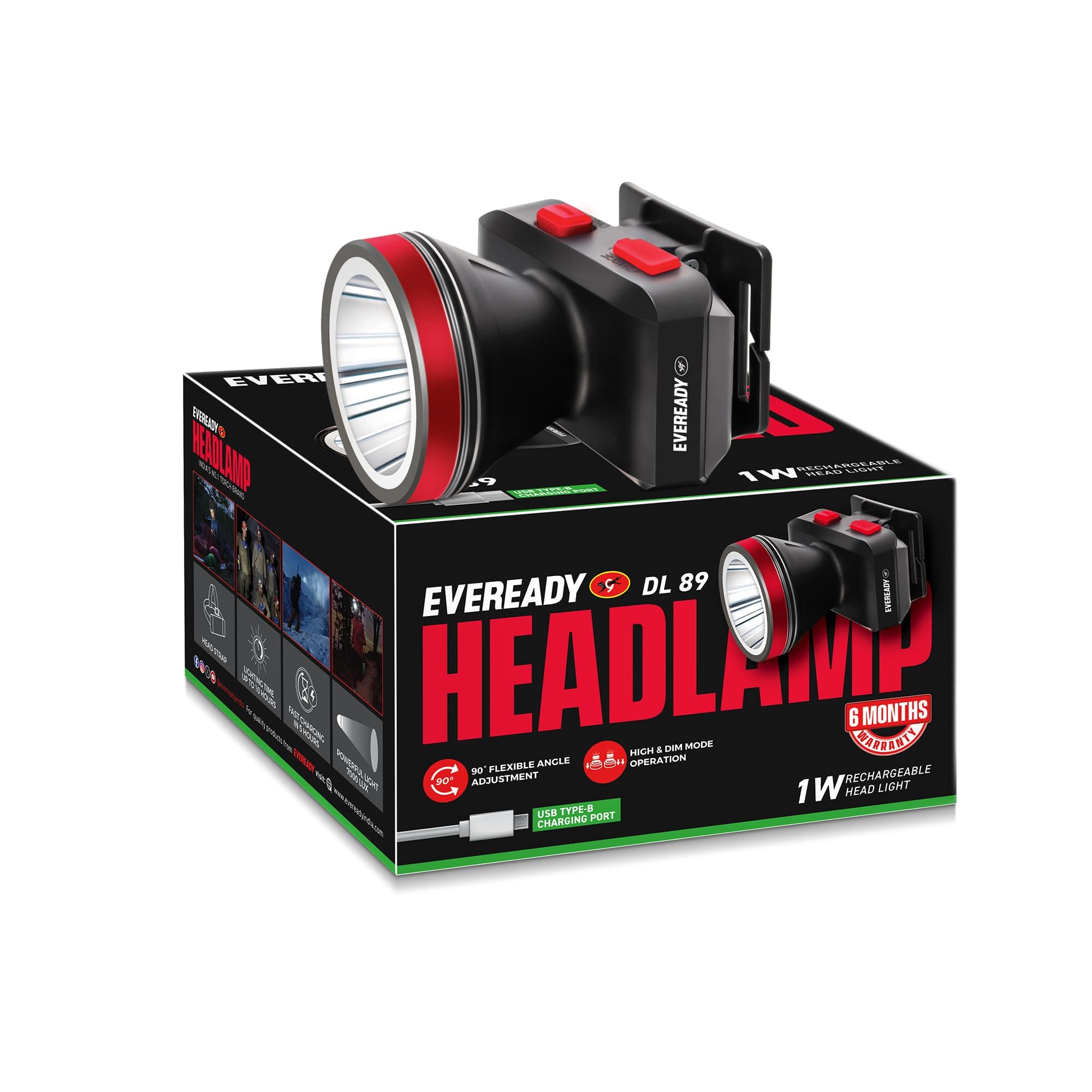 Headlamp DL89, Rechargeable 1W Led Emergency Head Light Torch, 90° Tilt, Easy to Mount (Can Be Worn Without A Helmet), Type-B/Micro-USB Fast Charging, Powered By Li-Ion Battery