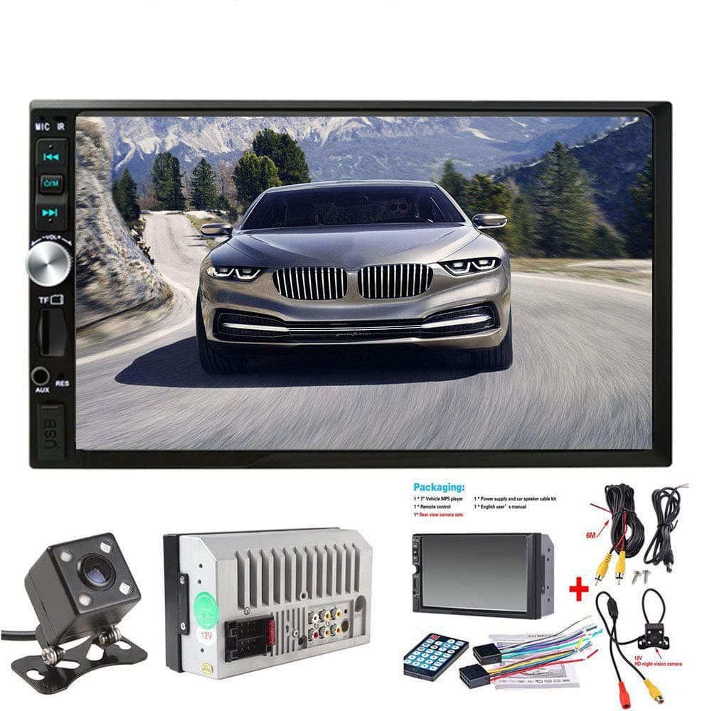 2 Din Car Radio, 7 inch Touch Screen Double Din Car Stereo, Support Microphone BT/FM/USB/TF/AUX, HD 1080P Car MP5 Player with Rearview Camera + Remote Control