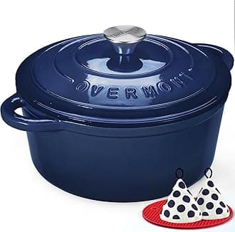 26cm/5.2L Enamelled Cast Iron Round Casserole Dish With Lid,5.5QT, Cookbook -Non-stick Dutch Oven for Braising, Stews, Roasting, Bread Baking -Indigo