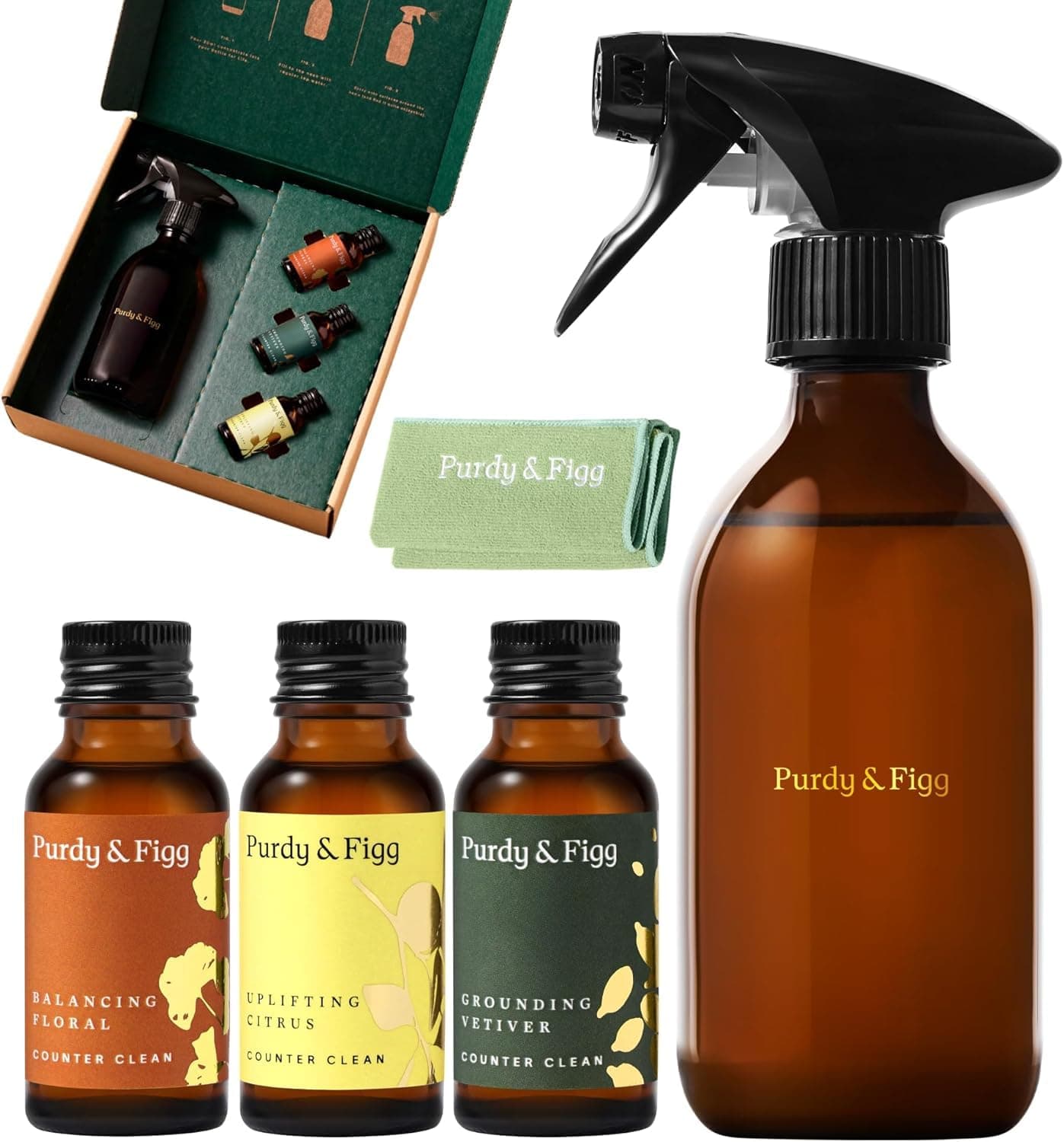 Purdy & Figg | Counter Clean Mixed Starter Kit | All Natural Gentle Non Toxic Organic Essential Oils Multipurpose Cleaner | Citrus Floral Vetiver | Home Kitchen Countertop