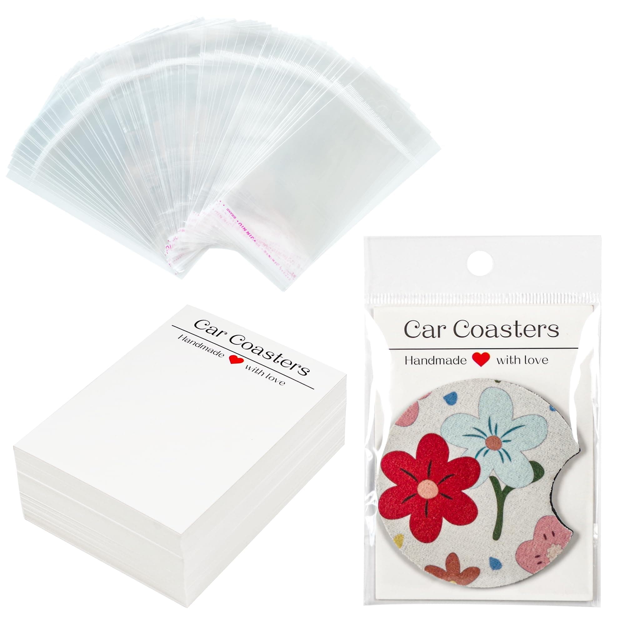 100Pcs Car Coaster Packaging for Selling, Sublimation Car Coasters Cards with 100Pcs Bags, Car Coaster Packaging, Coasters Display Cards 3.93x2.85In, Heat Press Machines Accessories
