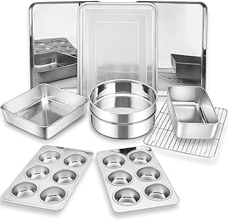 P&P CHEF Bakeware Sets of 11, Stainless Steel Baking Pans Set, Includes Baking Sheets and Rack, Lasagna Pan with Lid, Round/ Square Cake Pan, Muffin Pans, Loaf Pan, Reusable & Durable