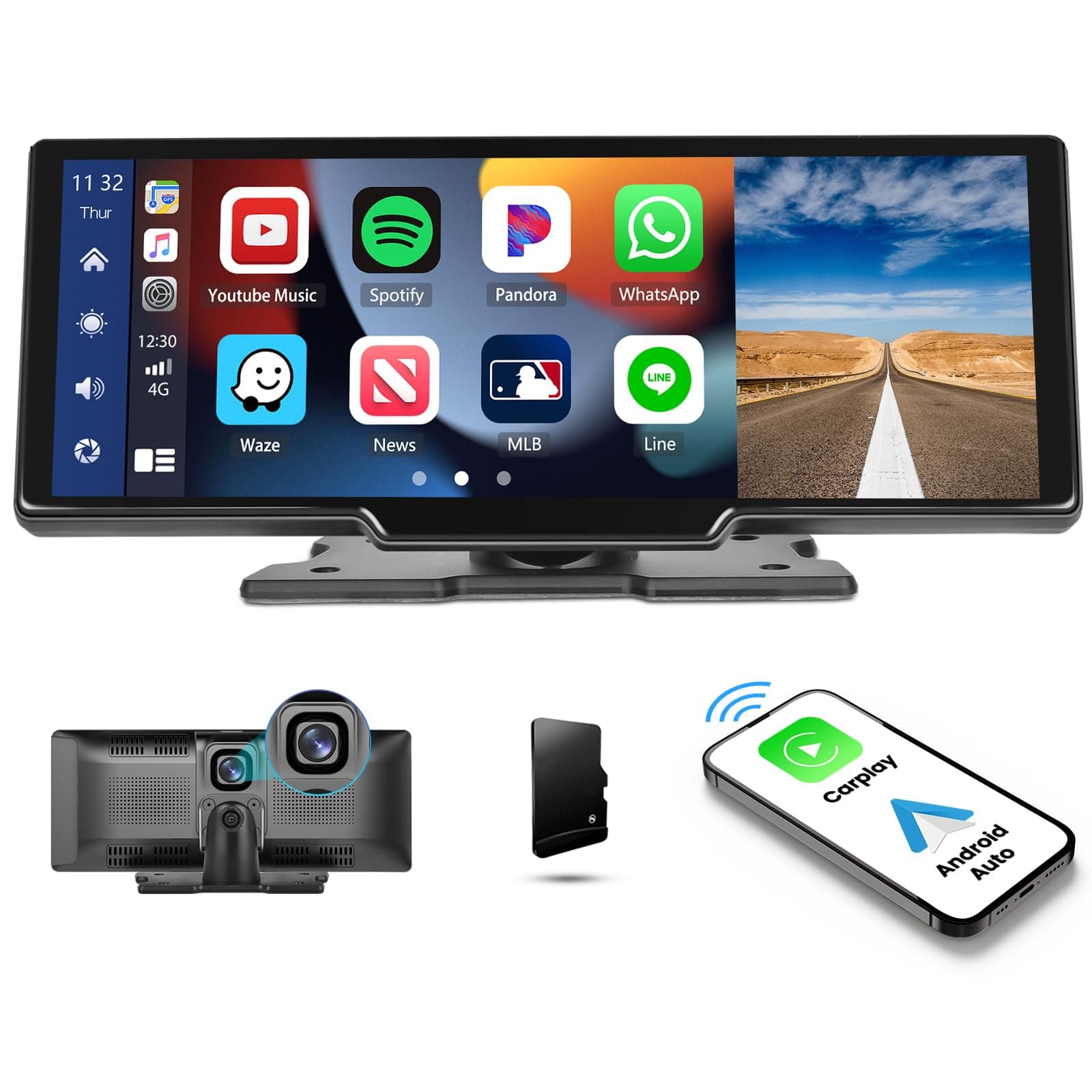 UNITOPSCI Portable Car Stereo Wireless Apple CarPlay Android Auto Voice Assistant 9.3 Inch Touchscreen Bluetooth Car Radio Receiver 32G TF GPS FM Split Screen DVR for Cars RV Truck (A3086)