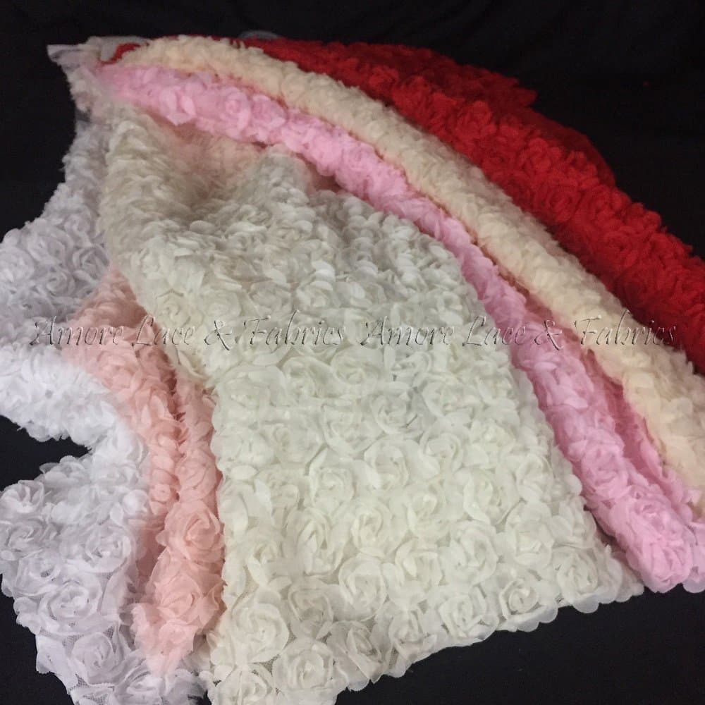 3D Raised Fabric Fluffy Soft Ruffle Chiffon Rosette Design Allover on Mesh Fabric, 49" Wide, 2Yds, Multi-Use Garments Table Overlay Backdrop Decoration Wedding Costume, Ivory - Amore Fabrics