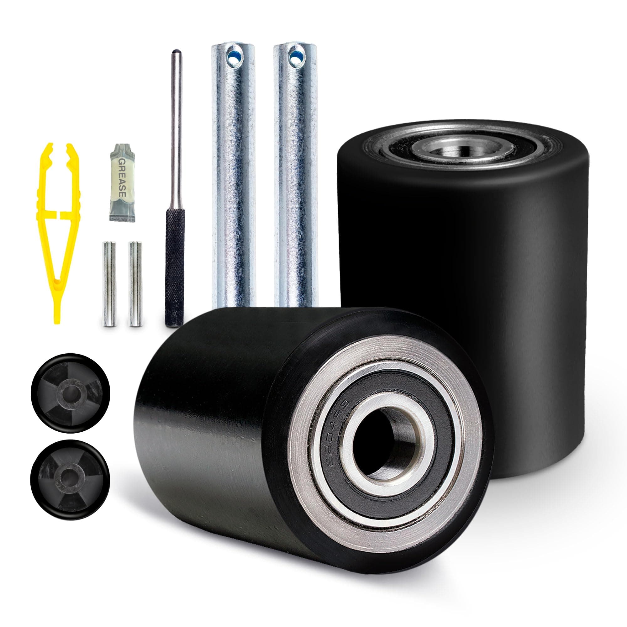 Pallet Jack/Truck Load Wheels Full Set with Axles and Entry Exit Roller 3" x 3.75" with Bearings ID 20mm Poly Tread Black