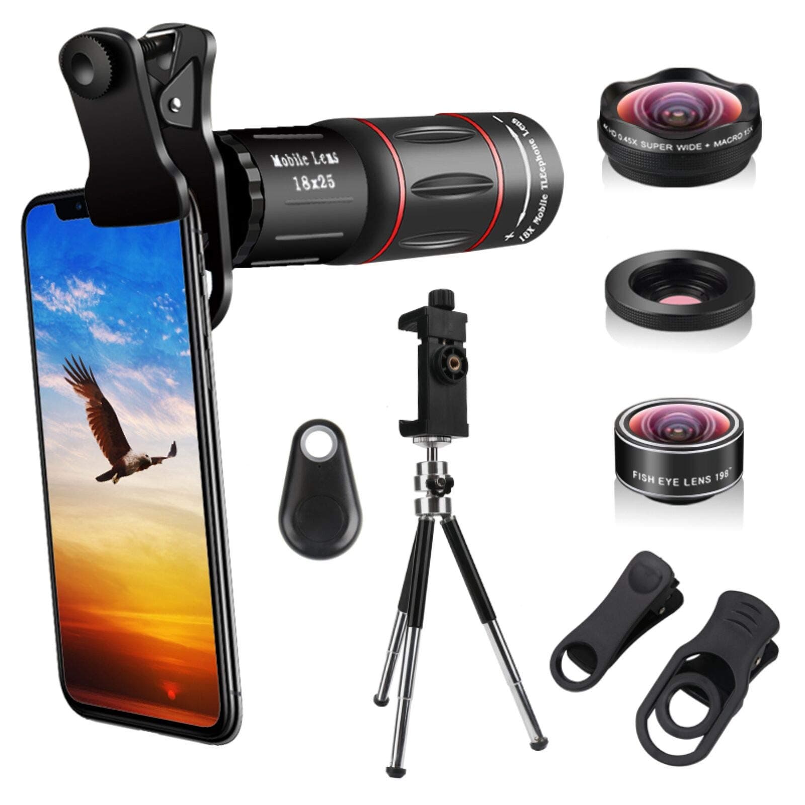 4 in 1 Cell Phone Camera Lenses Kit, 18X Telescopic Zoom Lens/4K HD Super Wide Angle/Macro/Fisheye Lens/Tripod/Camera Shutter Compatible with iPhone Xs Max 8 7 6 Plus, Samsung HTC Moto and More
