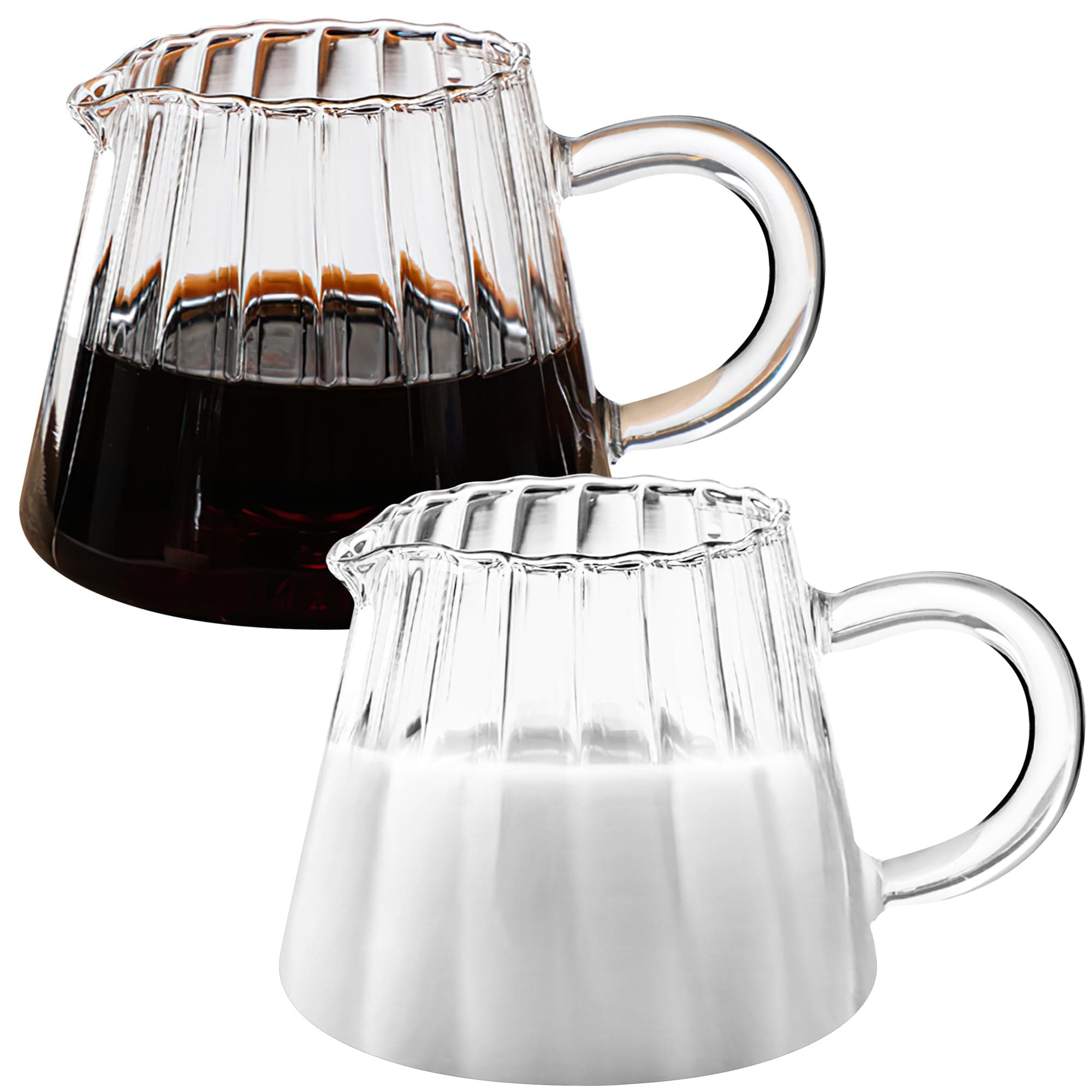 Loscarol 2 Pcs Small Glass Pitcher - Elegant Wave Shaped Creamer Pitcher for Coffee, Milk, Tea, 6 oz Milk Frothing Cup Creamer Jug for Kitchen
