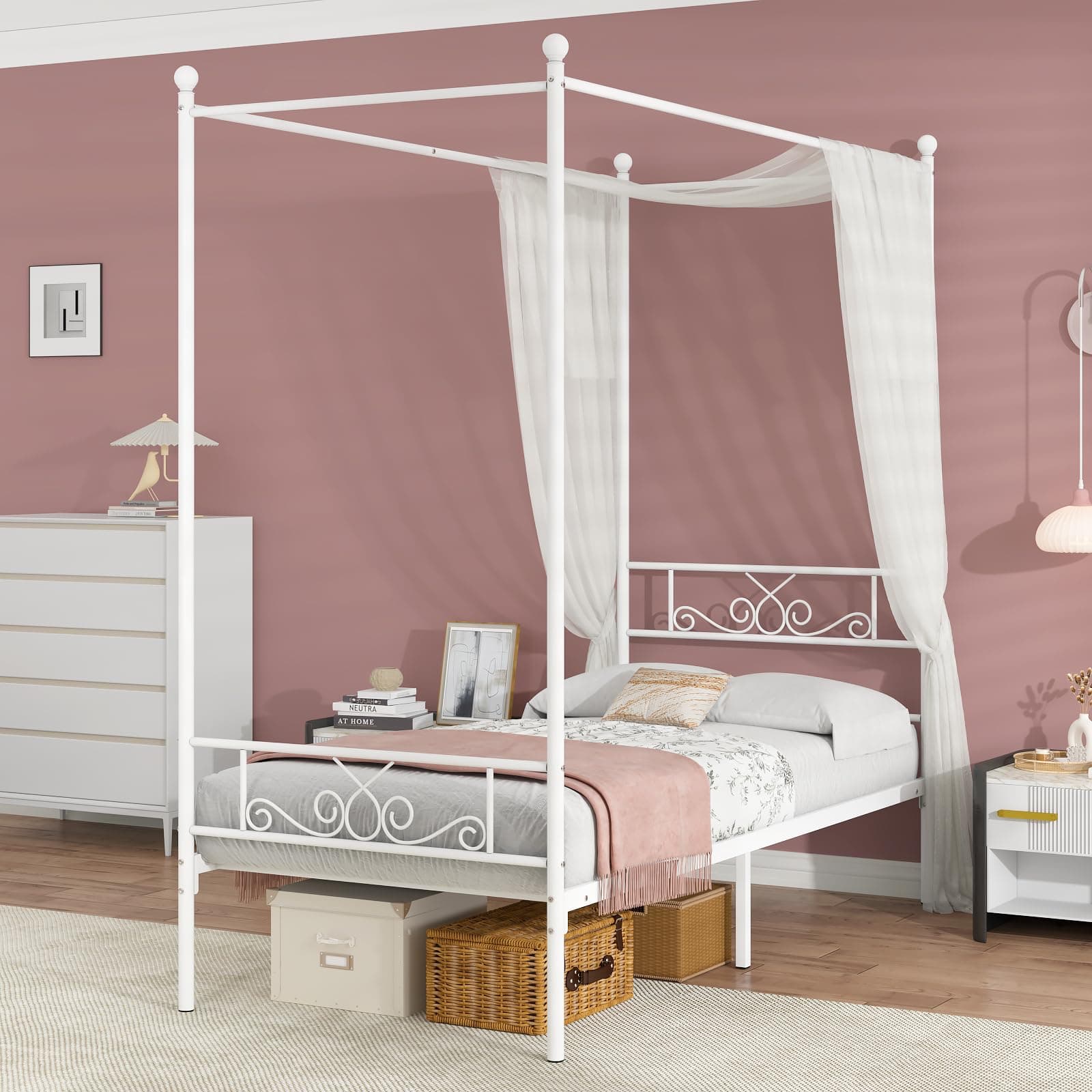 Twin Canopy Bed Frame with Headboard and Footboard, 4 Posters Metal Bed Frame, No Box Spring Needed, Mattress Foundation Platform Bed for Kids and Adults, White