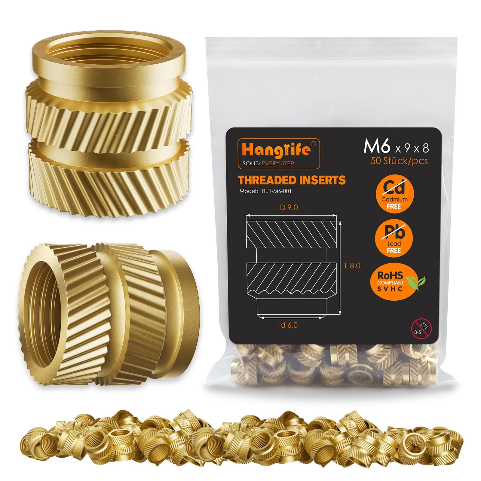 Threaded Inserts for Plastic, M6 Heat Set Insert for 3D Printing Components and Plastic Parts - Brass Metric Knurled Nuts (50 Pieces)